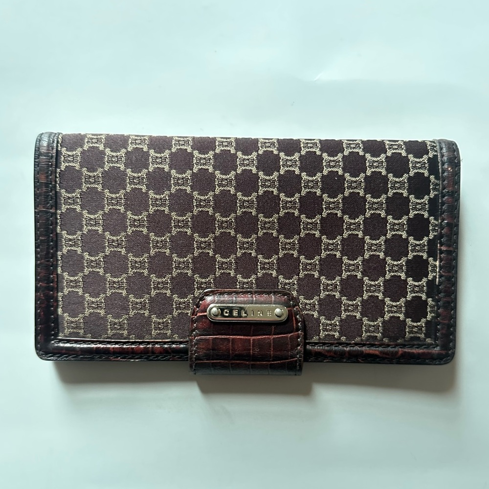 CELINE Vintage Brown Monogram 1990-2000 Macadam-pattern Wallet with Croc Trim - Picture 4 of 14